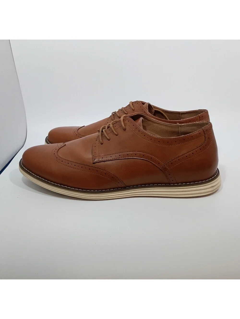 Vostey Milan Cognac Camel Oxford Leather Wingtip Dress Lace Up Shoes Men's US 15